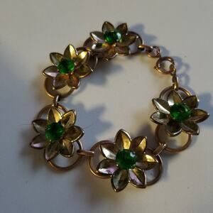 Gold and Green Retro Vintage Flower Gem Bracelet